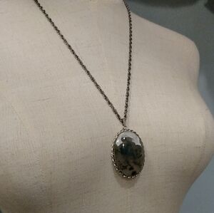 Vtg 1970s Oval Pendant Cabochon Necklace Grey Green Clear Agate? Large Groovy